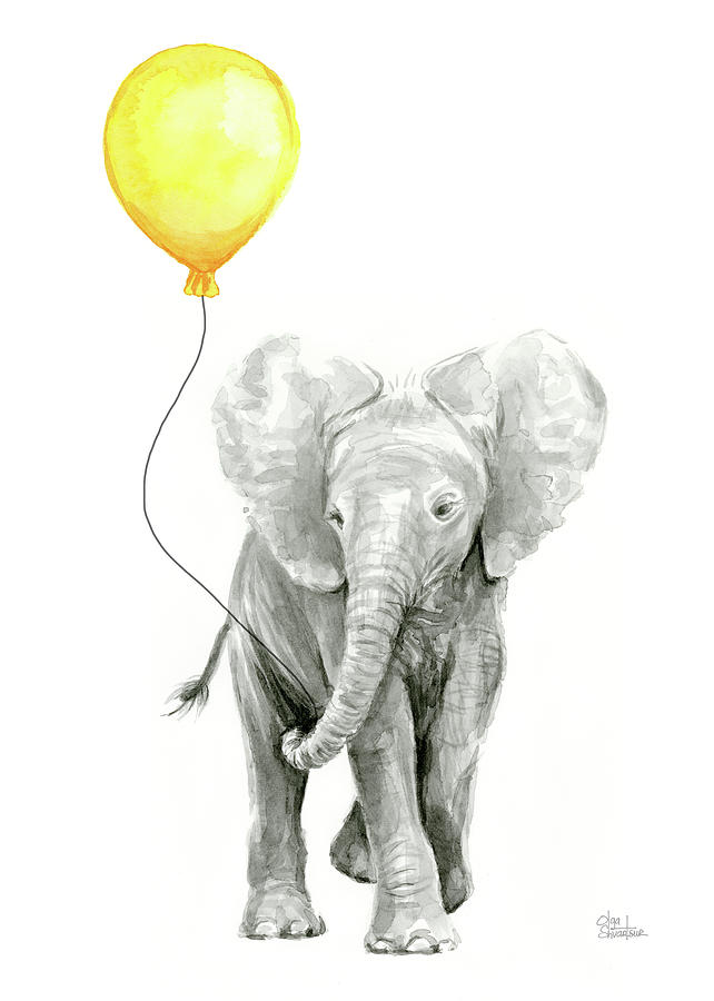 642x900 Baby Elephant Watercolor With Yellow Balloon Painting By Olga - Baby Elephant Painting