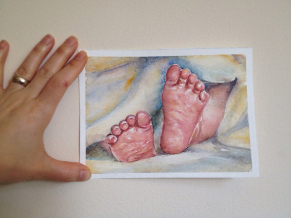 570x428 Original Watercolor Painting - Baby Feet Painting