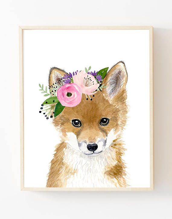 570x725 Floral Baby Fox, Watercolor Fox, Woodland Nursery Art, Animal Art - Baby Fox Painting