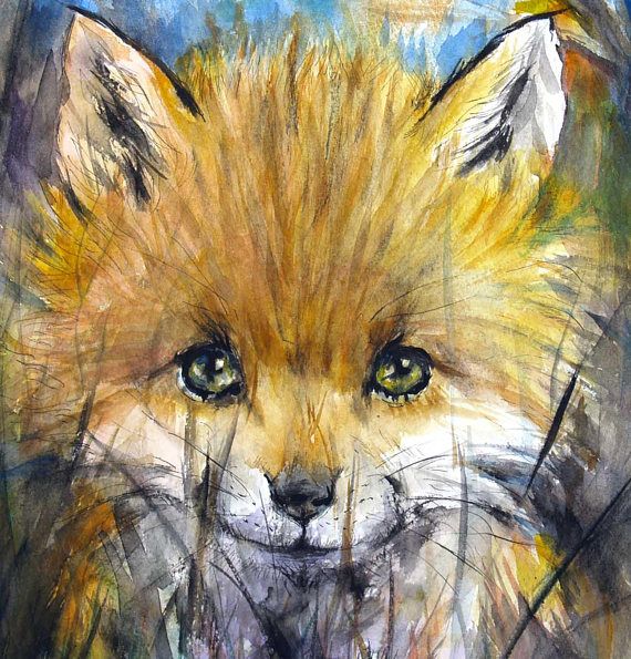 570x595 Animal Art Baby Fox Watercolor Painting Original 10x10in Baby - Baby Fox Painting