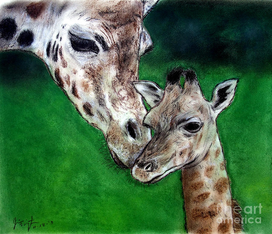 900x775 Mother And Baby Giraffe Painting By Jim Fitzpatrick - Baby Giraffe Painting