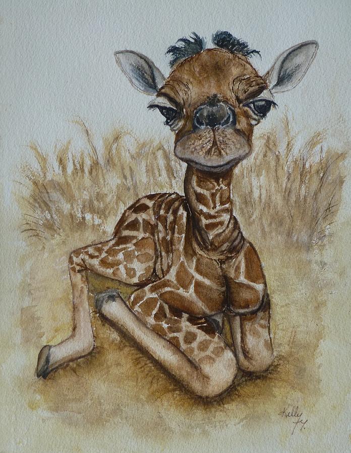 696x900 New Born Baby Giraffe Painting By Kelly Mills - Baby Giraffe Painting
