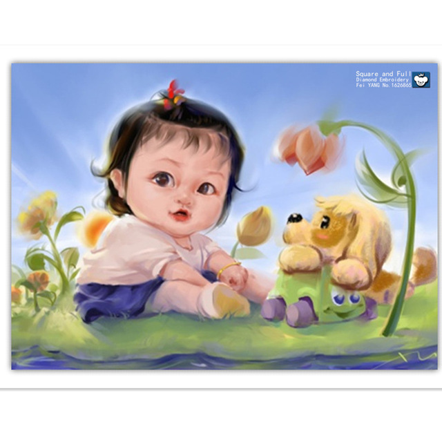 640x640 Girl, Dog, Flowers, Diamond Embroidery Baby ,paintings - Baby Girl Painting