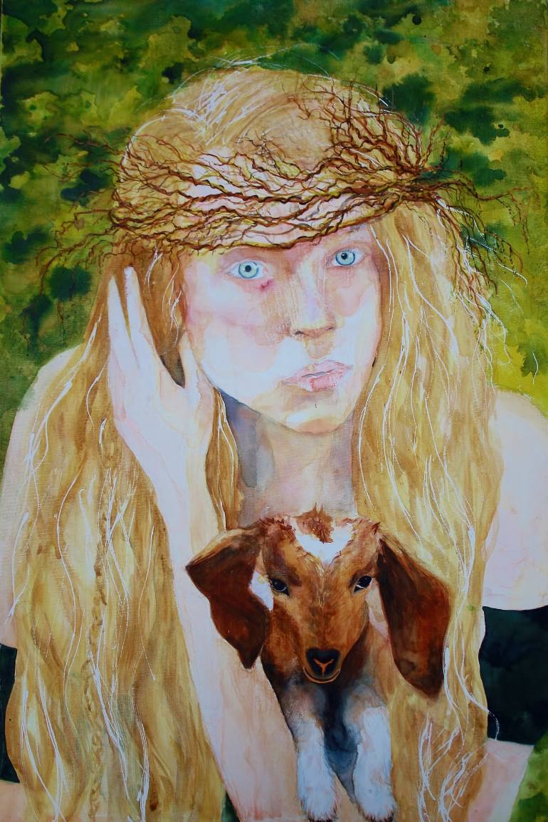 770x1154 Saatchi Art Nymph Amp Baby Goat Painting By Emily Mcphee - Baby Goat Painting