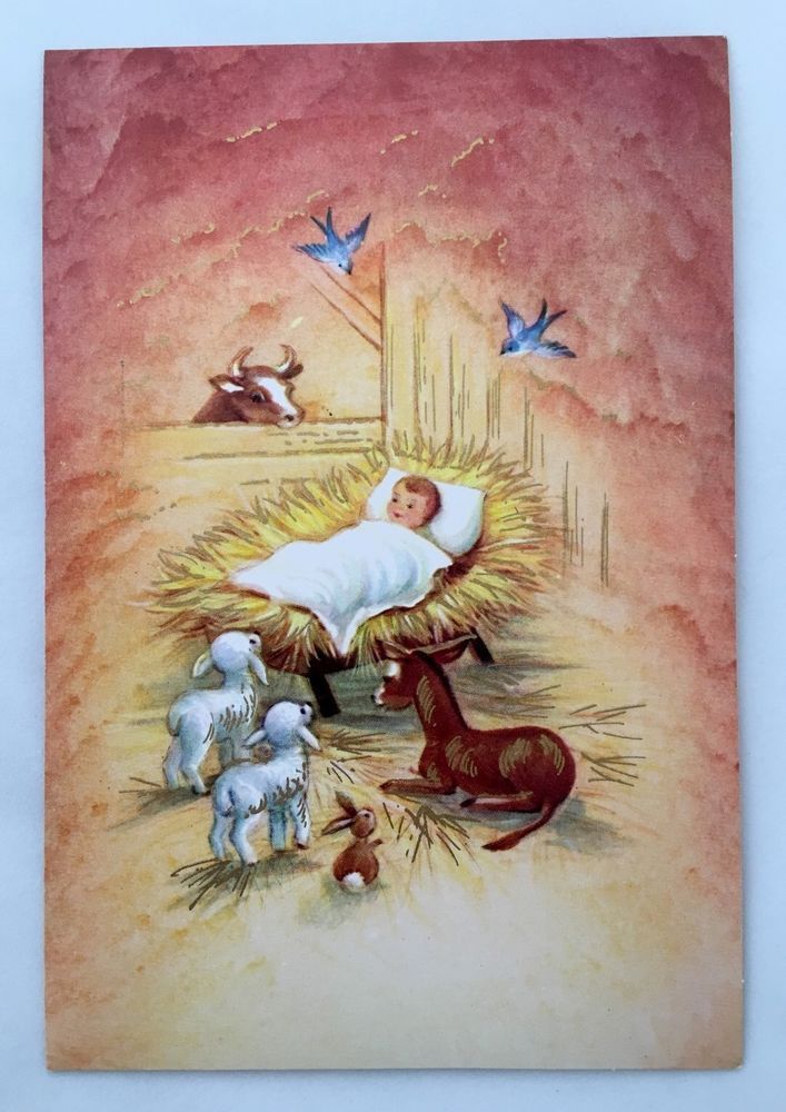 707x1000 Nos Vintage Christmas Card Baby Jesus Manger Barn Mule Cow Lamb - Baby Jesus In Manger Painting