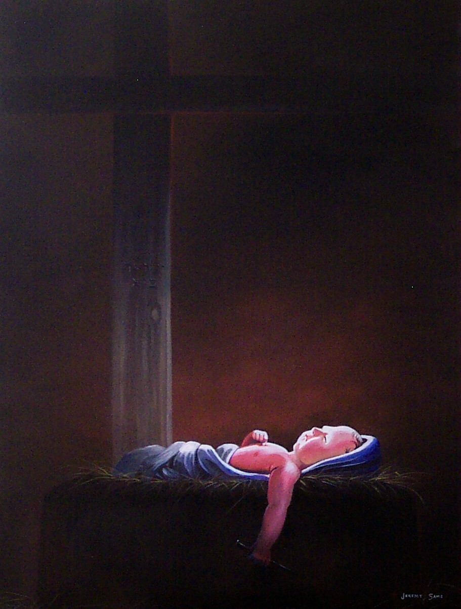 911x1203 Salvation Has Come Jeremy Sams Art - Baby Jesus In Manger Painting