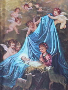 229x300 Vintage 50s Print Angels And Children Baby Jesus In Manger Ebay - Baby Jesus In Manger Painting