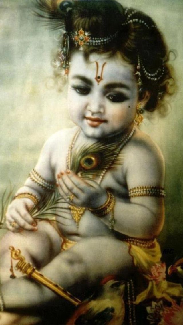 640x1136 Baby Krishna With A Peacock Feather Saidip - Baby Krishna Painting