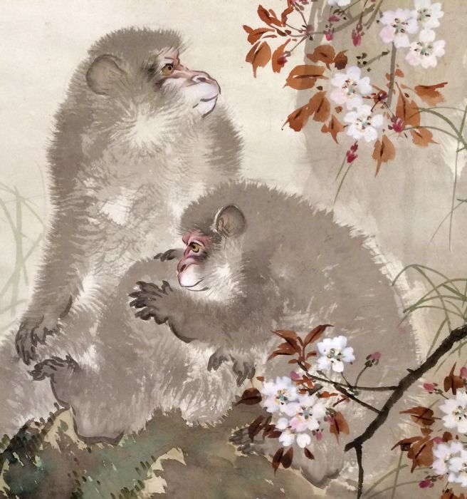 656x700 Monkey And Baby Under Blossoming Cherry Tree' - Baby Monkey Painting