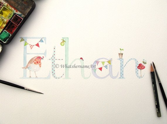 570x423 Name Art Baby Name Art Original Watercolour Painting Boys - Baby Name Painting