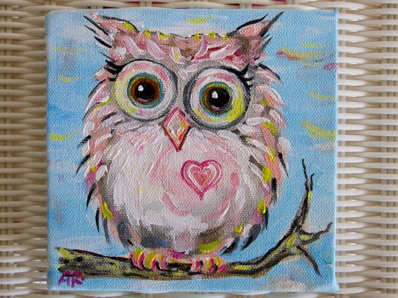 570x427 Owl Art Original Painting Baby Pink Hoot Owl Owl - Baby Owl Painting