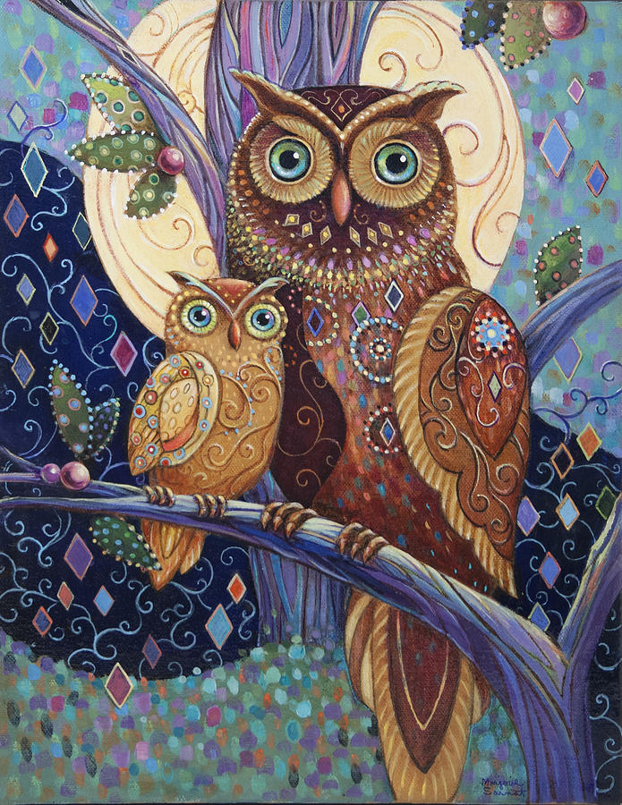 695x900 Owl Baby And Mother Painting By Marjorie Sarnat - Baby Owl Painting