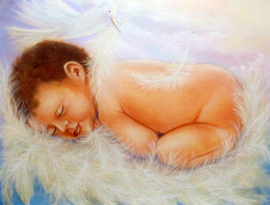 900x684 Baby Angel Feathers Painting By Joni Mcpherson - Baby Painting