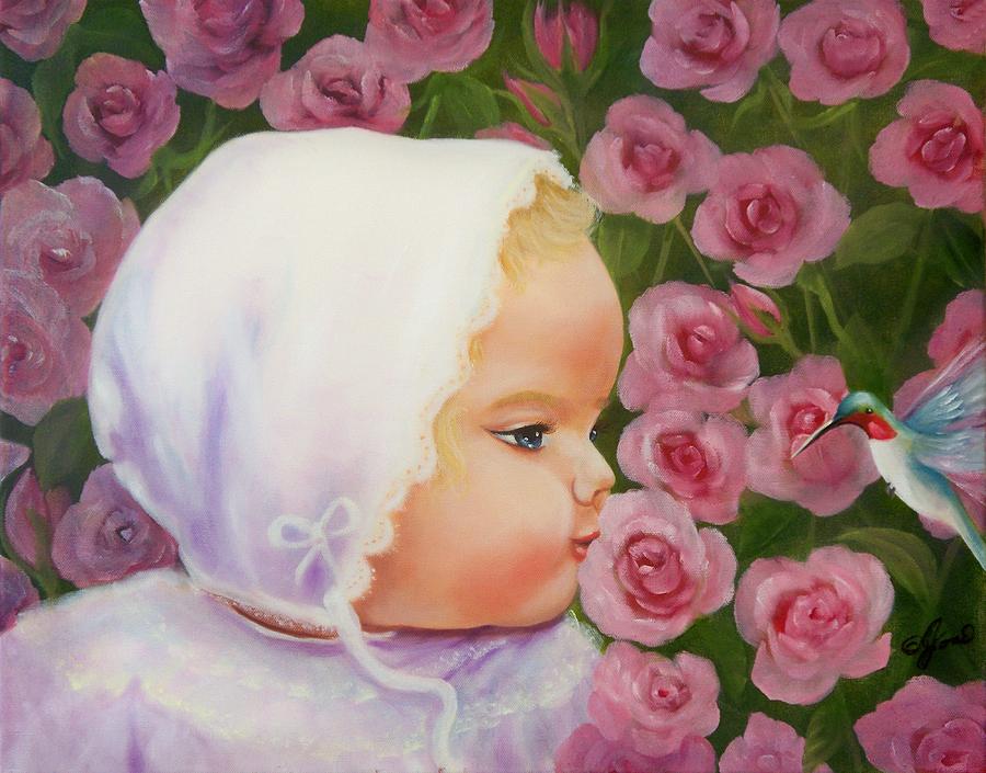 900x705 Baby Meets Hummingbird Painting By Joni Mcpherson - Baby Painting
