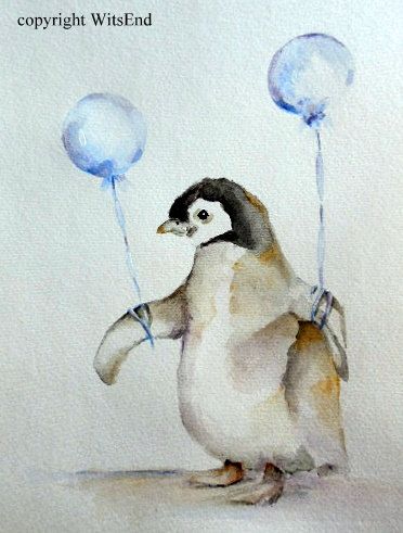 372x491 Baby Penguin Painting Original Nursery Watercolor Art Fly Baby - Baby Penguin Painting