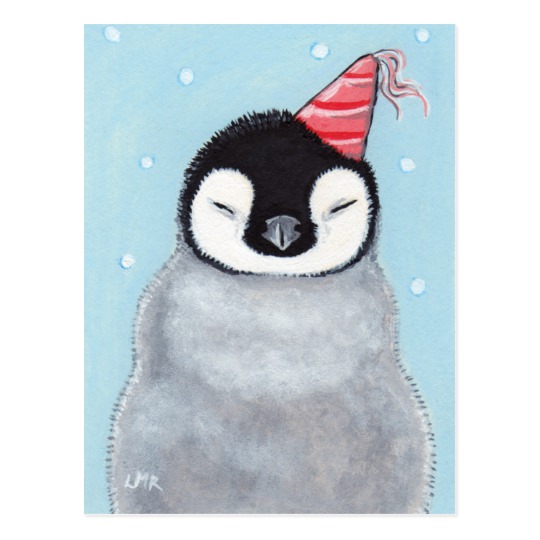 540x540 Cute Baby Penguin Wearing A Party Hat Painting Postcard Zazzle.co.uk - Baby Penguin Painting