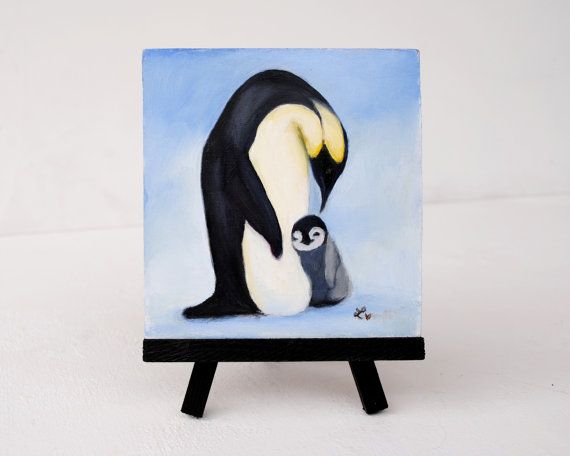 570x456 Painting Of Mom And Baby Penguin Original Oil Painting Display - Baby Penguin Painting