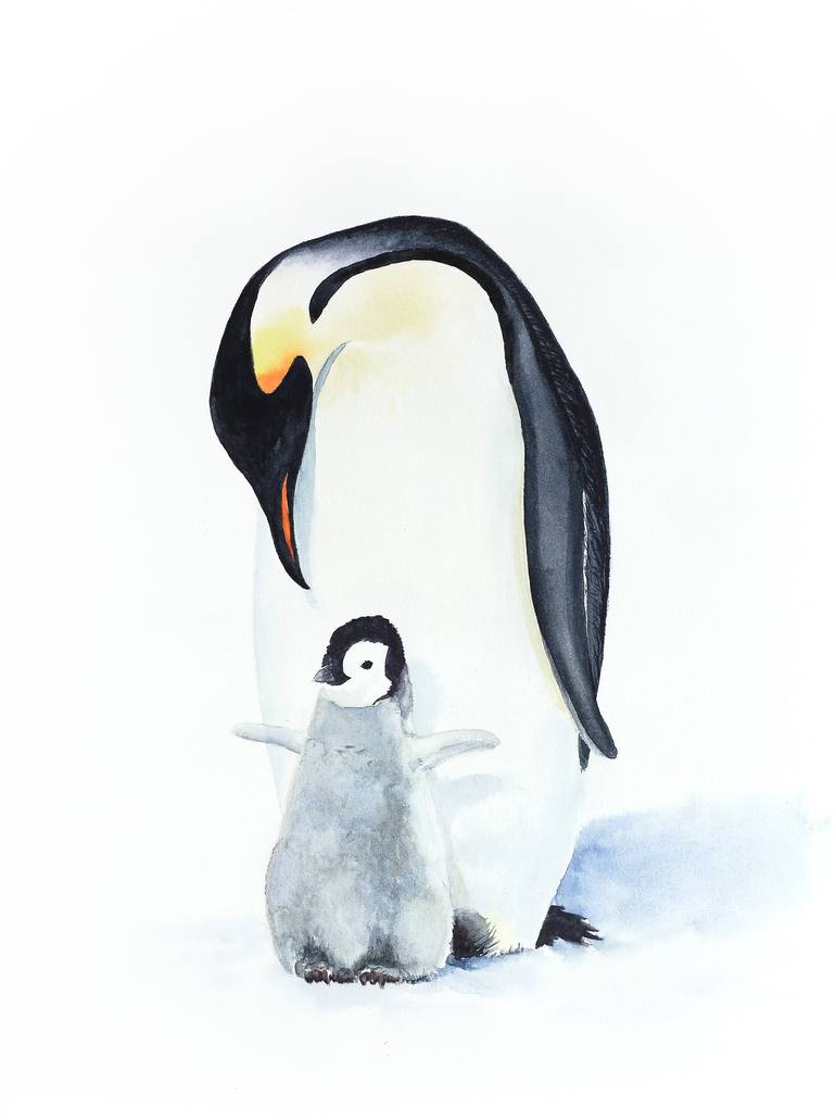 770x1031 Saatchi Art Emperor Penguin With Baby Painting By Elvira Ruban - Baby Penguin Painting