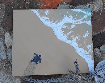 340x270 Sea Turtle Painting, Large Beach Painting Acrylic Art, Beach House - Baby Sea Turtle Painting