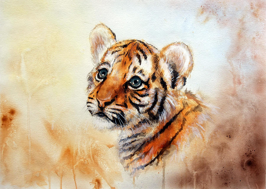 900x640 Painting Of An Adorable Baby Tiger Head Looking Up On Abstract - Baby Tiger Painting