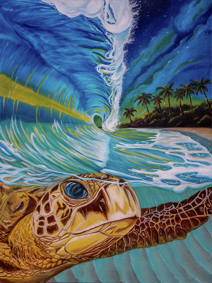 675x900 Sea Turtle Crashing Wave Hawaiian Sunset Painting - Back Sunset Painting