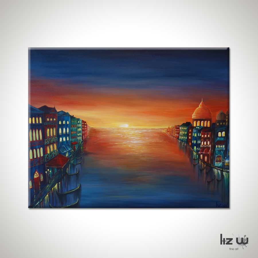 900x900 Venice Sunset Painting, Original Venice Cityscape Painting By Liz - Back Sunset Painting