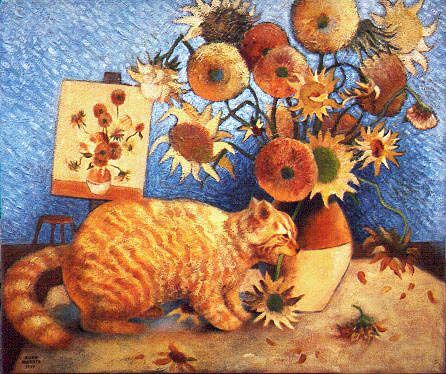 446x374 Art Cat Van Gogh Sunflower Flower Art Chinese Cat Animal - Bad Cat Painting