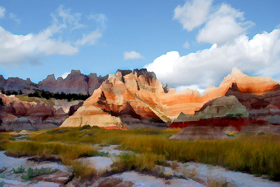 900x602 Mountains And Sky In Badlands National Park Painting By Elaine Plesser - Badlands Painting