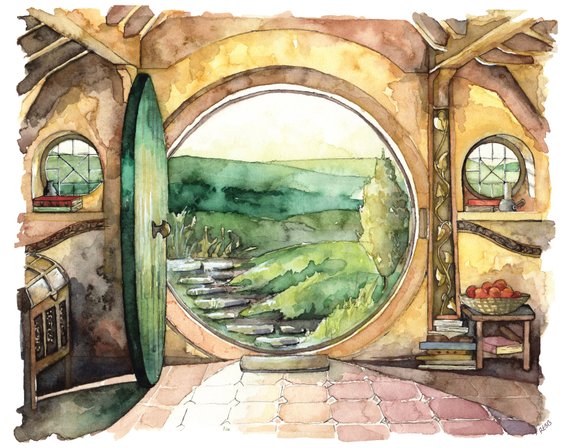 570x448 Bag End Painting Watercolor Painting Lord Of Rings - Bag End Painting