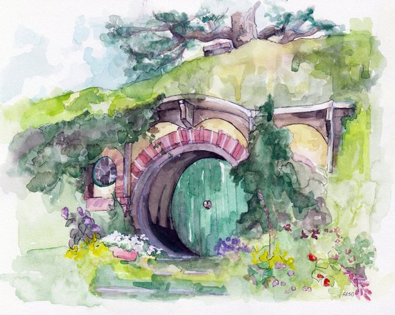 570x455 Bag End Painting Watercolor Painting The Hobbit The Lord - Bag End Painting