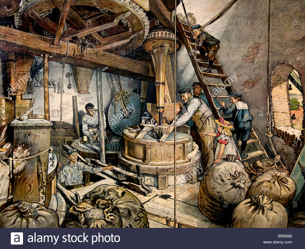 1300x1062 Netherlands Painting Inside A Corn Wind Mill Bakery Bread 1930 - Bakery Painting