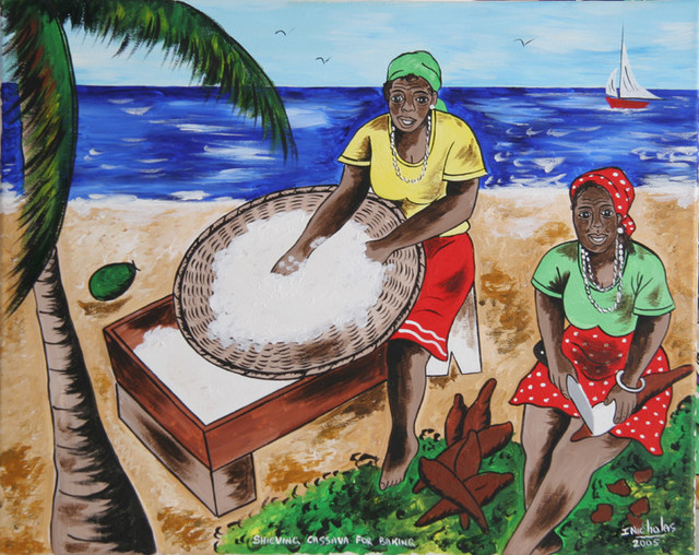 640x508 Isiah Nicholas, Shieving Cassava For Baking, Acrylic Painting - Baking Painting