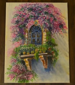 264x300 Bougainvillea On A French Balcony Acrylic Painting 16x20 - Balcony Painting