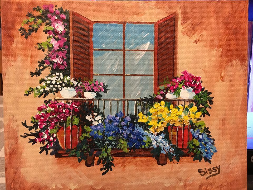 960x720 Flowers In The Window On A Balcony Painted By Sissy Instructor - Balcony Painting