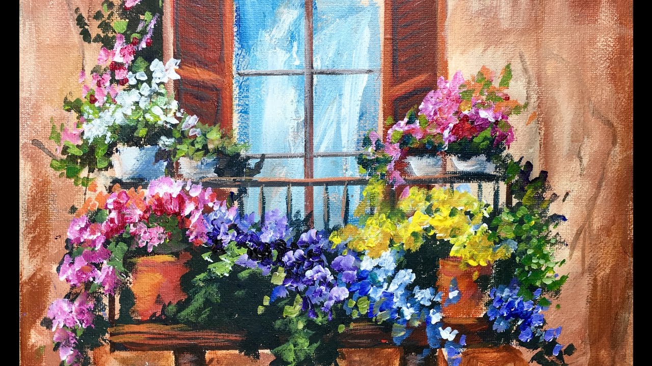 1280x720 Flowers In The Window On A Balcony Beginner Acrylic Painting - Balcony Painting