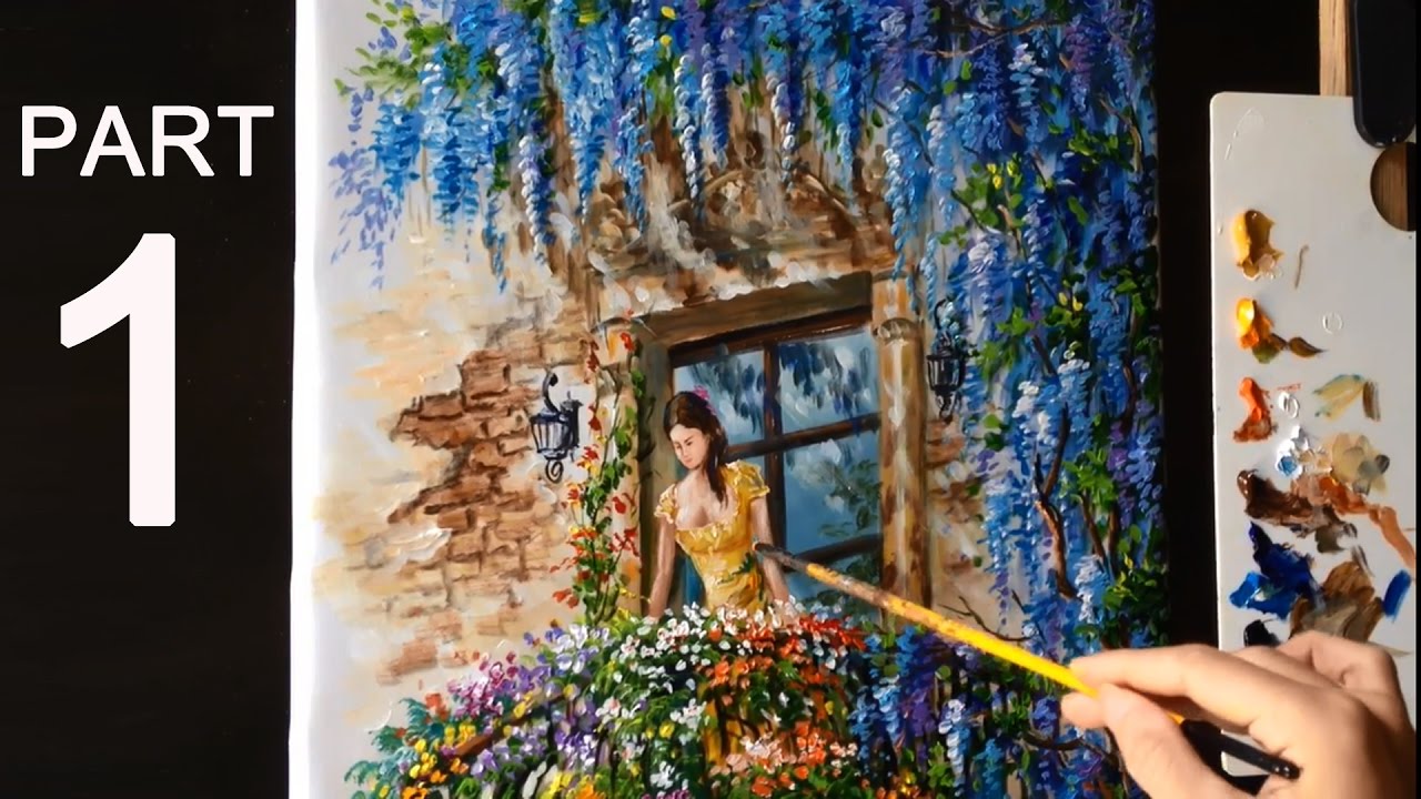 1280x720 Beautiful Girl At Balcony With Wisteria Flowers Part 1 - Balcony Painting