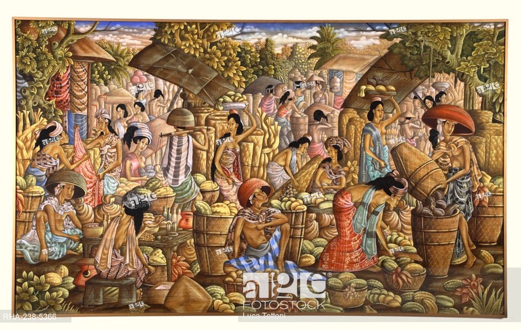 1050x666 Balinese Painting Showing A Market Scene, Ubud School, Bali - Balinese Painting