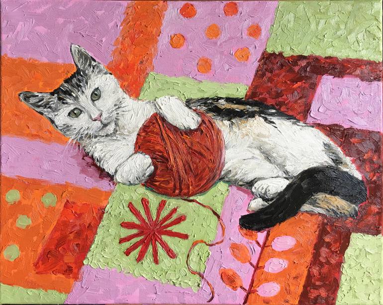 770x613 Saatchi Art Cat Playing With A Ball Of Yarn Painting By Irina Redine - Ball Painting