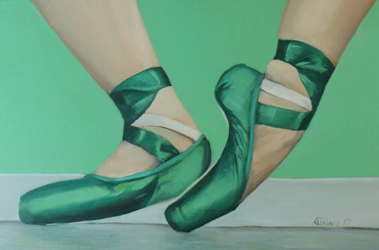 770x508 Saatchi Art Green Ballet Shoes, Figurative Oil Painting - Ballerina Shoes Painting