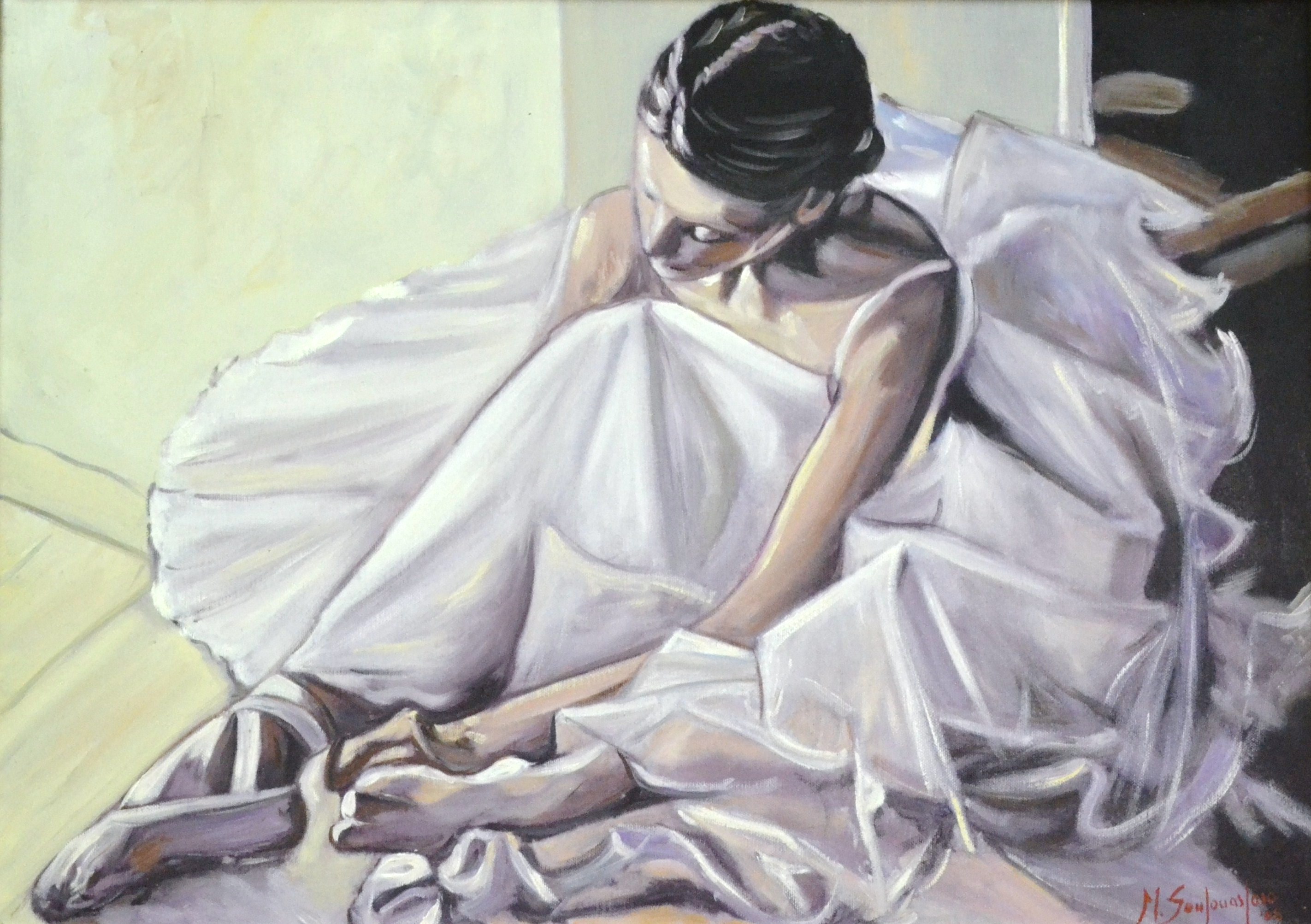 2844x2005 Ballerina Tying Her Ballet Shoe Michele Santonastaso Painter - Ballet Shoes Painting