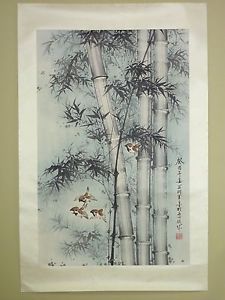 225x300 Chinese Signed Colork Wash Painting On Paper, Four Birds - Bamboo Forest Painting