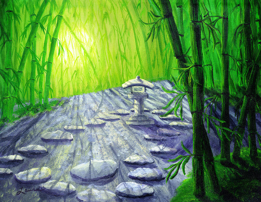900x696 Shinto Lantern In Bamboo Forest Painting By Laura Iverson - Bamboo Forest Painting