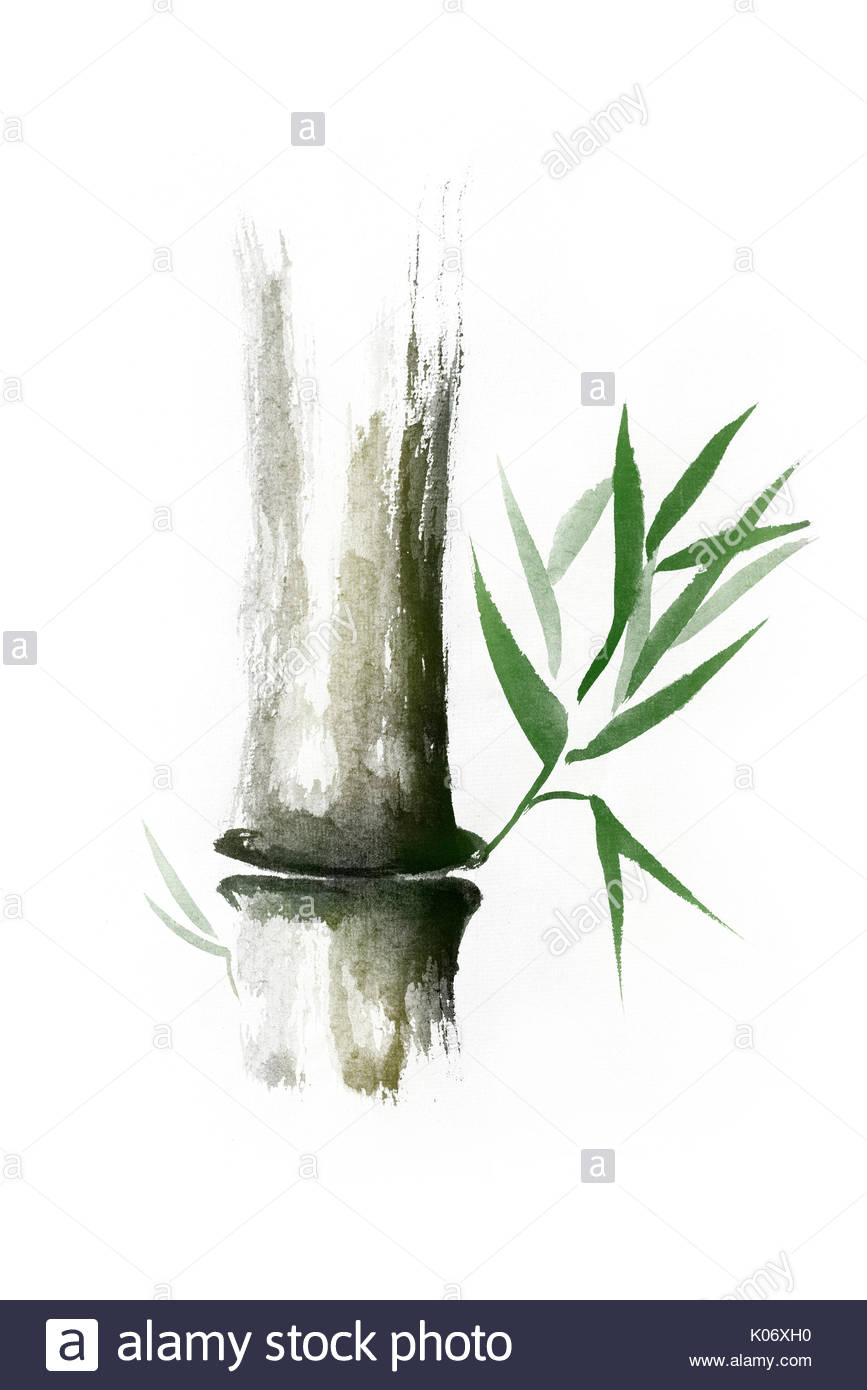 867x1390 Beautiful Zen Painting Of Bamboo Stalk With Green Leaves. Sumi E - Bamboo Painting Black And White