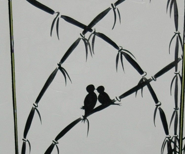 750x627 Love Bird Painting Original Bamboo Art Monochrome Black And White - Bamboo Painting Black And White