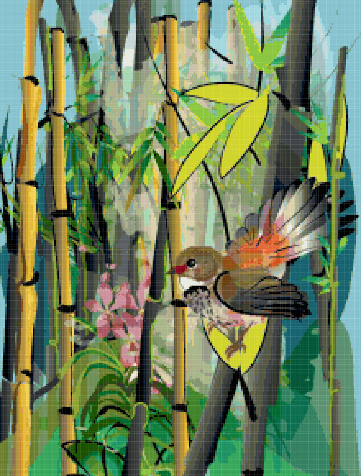 1200x1582 Bird And Bamboo. Painting. Free Cross Stitch Pattern Better - Bamboo Painting Images