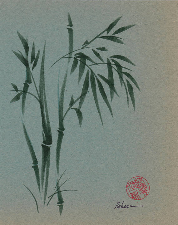570x721 Ethereal Original Ink Brush Sumie Bamboo Painting On Vintage - Bamboo Painting Images