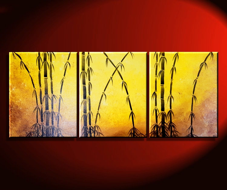 750x627 Yellow Bamboo Painting Original Wall Art Beautiful Triptych Home - Bamboo Painting Images