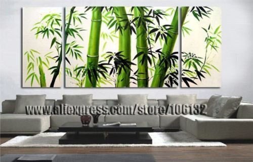 500x319 Framed 3 Panel Large White And Green Chinese Oil Painting 3 Panel - Bamboo Painting On Canvas