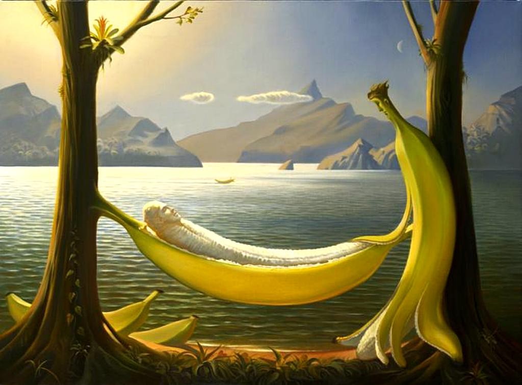 1024x755 Banana Hammock By Surrealist Painter Vladimir Kush - Banana Hammock Painting