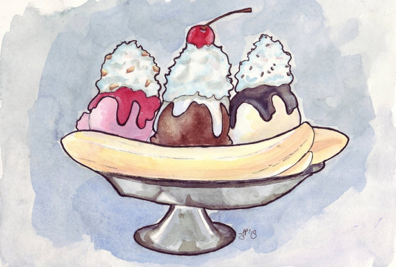 570x384 Banana Split Watercolor Painting Ice Cream Sundae Art Food - Banana Split Painting